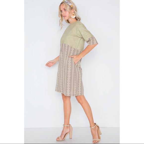 Hidden Alley Mocha Olive Contrast Shift Boho Dress - Picture 4 of 12